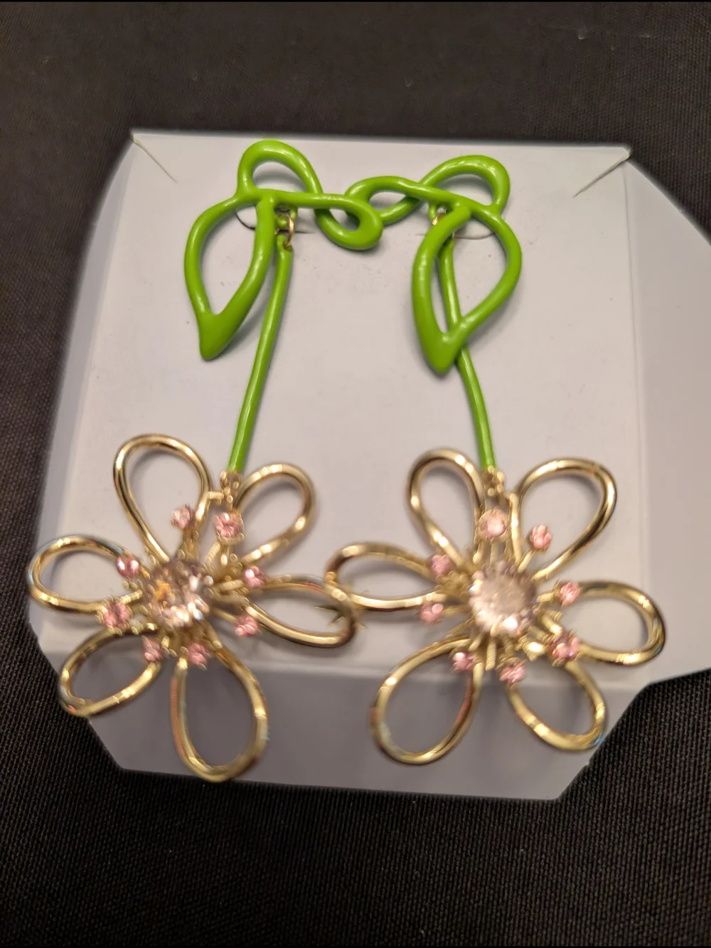 Gold & Lime Green Flower Drop Earrings with Pink Crystals